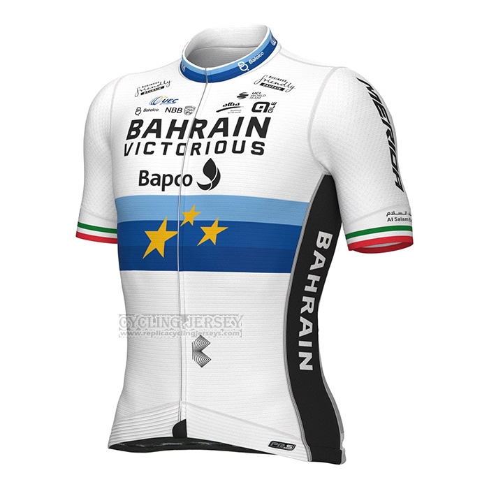 2022 Cycling Jersey European Champion Bahrain Victorious Blue White Short Sleeve and Bib Short